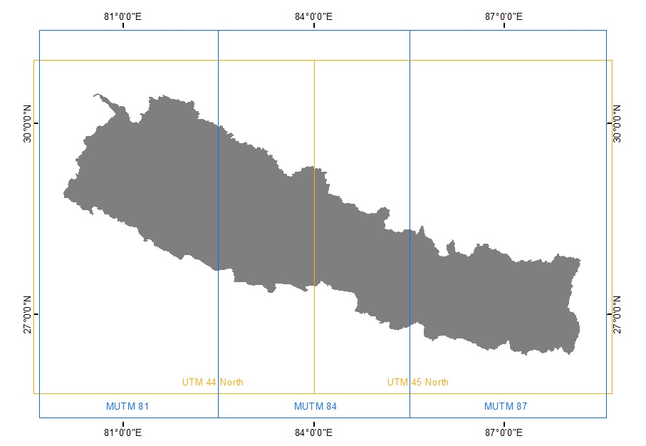Nepal UTM and MUTM zone reference map